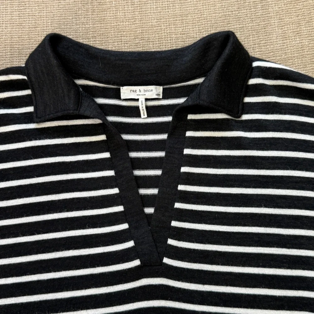Rag & Bone Black Striped Knit V-Neck Polo Sweater Size XS Nautical Preppy French